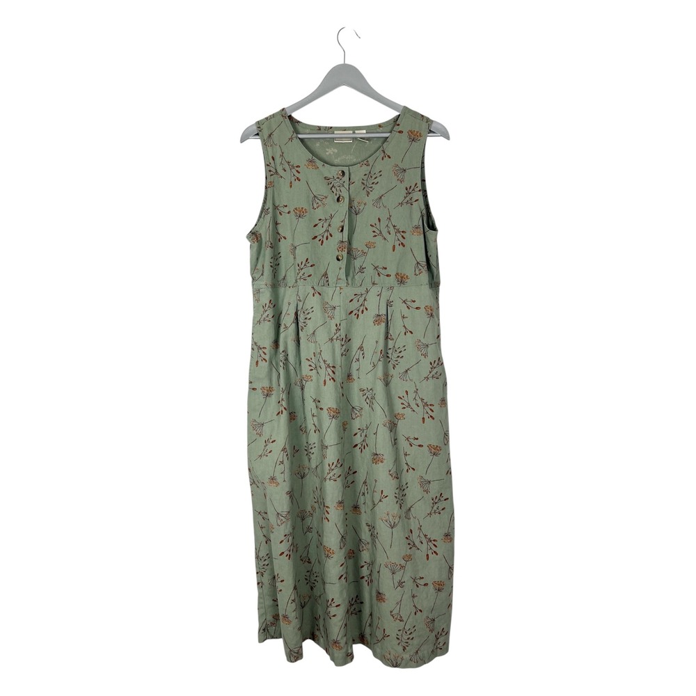 LL Bean Sage Green Floral Linen Cotton Sleeveless Midi Dress Pockets Womens 10